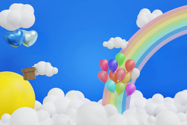 istock Rainbow with cloud sun and balloon in the blue sky, background for summer camp holiday vacation, 3D rendering. 1658572093