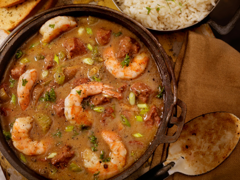 Creole Style Shrimp and Sausage Gumbo in a cast iron pot with White Rice and French Bread- Photographed on Hasselblad H3D2-39mb Camera