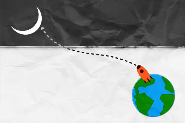 Vector illustration of A space theme backdrop with a black torn paper sheet over white background, with a dotted line defining trajectory of red space vehicle from blue planet earth to crescent moon