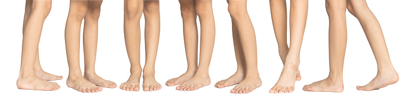 set of different Cute kid leg, fast growing foot, isolated on white background.