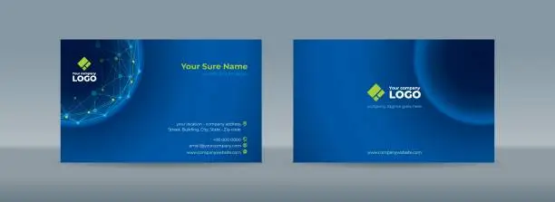 Vector illustration of Double sided business card templates with green dots connected by lines on a blue background