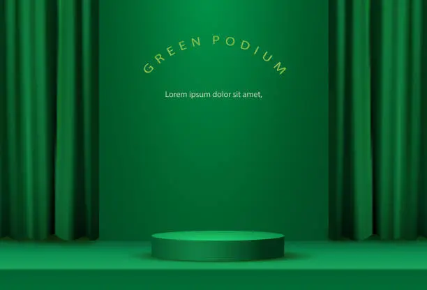 Vector illustration of green podium background platform for product presentation, branding, packaging and promotion with curtain. stand show cosmetic product platform.