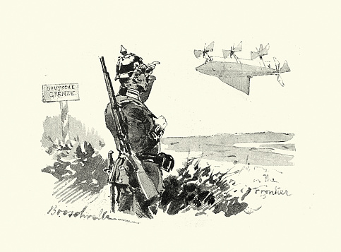 Vintage illustration German soldier watching a airship flying in the sky, Victorian, 1890s, 19th Century