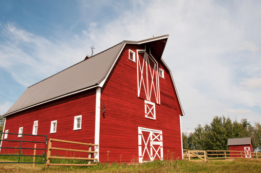 A well-maintained old red barn on the farm.