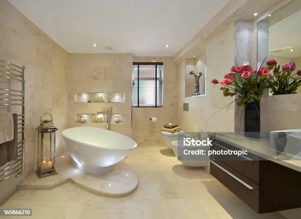 Bagno Elegante Con Fiori - Fotografie stock e altre immagini di Bagno - Bagno, Lusso, Moderno