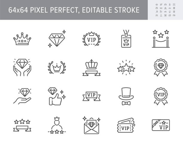 VIP line icons. Vector illustration include icon - benefit, ribbon, diamond, quality, crown, laurel, victory, star outline pictogram for privilege person program. 64x64 Pixel Perfect, Editable Stroke VIP line icons. Vector illustration include icon - benefit, ribbon, diamond, quality, crown, laurel, victory, star outline pictogram for privilege person program. 64x64 Pixel Perfect, Editable Stroke. exclusive stock illustrations