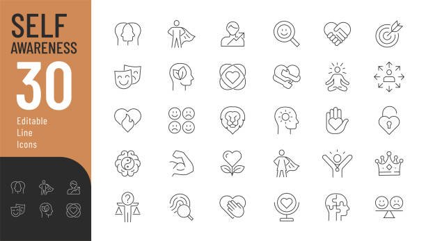 Self Awareness line editable icons set. Vector illustration in modern thin line style of self estimate related icons: self-care, self-love, self-acceptance, and personal growth. Isolated on white adaptability icon stock illustrations
