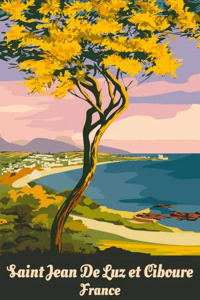 Vector illustration of French Saint Jean de Luz coast poster vintage. Resort, coast, sea, seaview. Retro style illustration vector