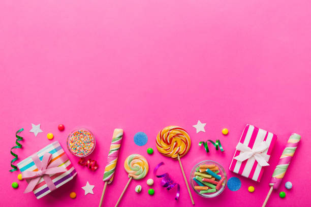 istock Collection of birthday party objects with gift box. Valentines day gift box. Top view flat lay with copy space 1658694292