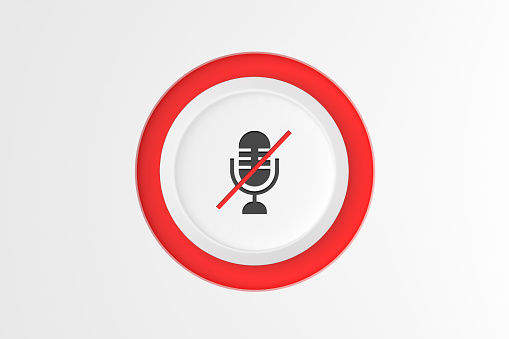 Push button with muted microphone icon on white background. Top view. 3D render.
