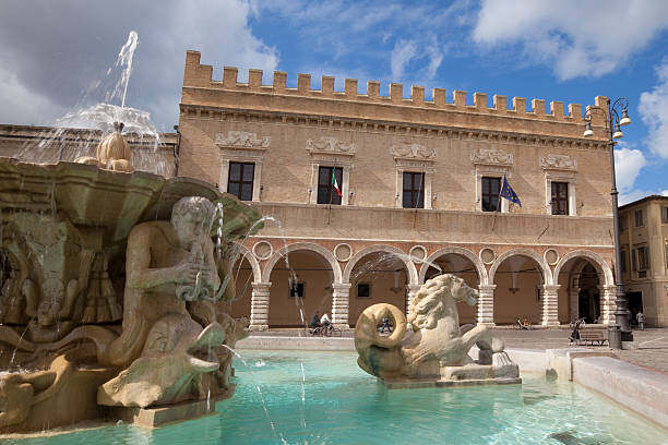 Piazza del Popolo, Pesaro Fountain and Renaissance palace in Pesaro, Marches, Italy. marche italy stock pictures, royalty-free photos & images