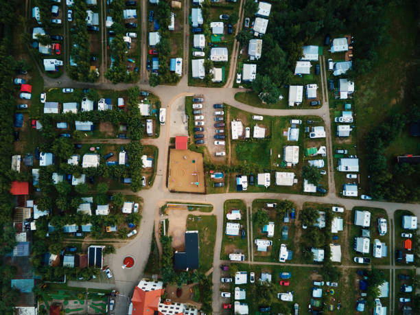 istock Trailers in camp site near Baltic sea, aerial view 1658708349