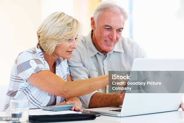 선임 커플입니다 대해 부품군 예산책정 노인 커플에 대한 스톡 사진 및 기타 이미지 - 노인 커플, 컴퓨터 사용, 50-59세