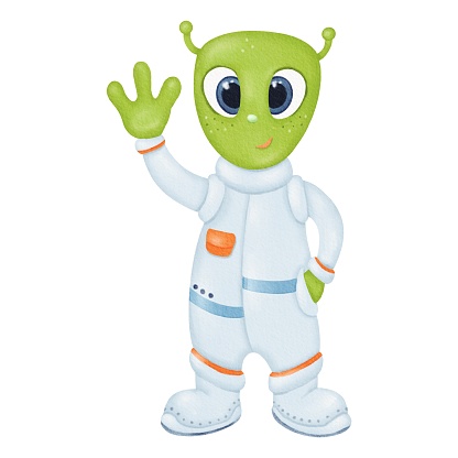 A funny cute alien waves its hand. A green, friendly extraterrestrial. Character in a spacesuit. Space theme. Extraterrestrial creature, science fiction. Watercolor isolated children's illustration.