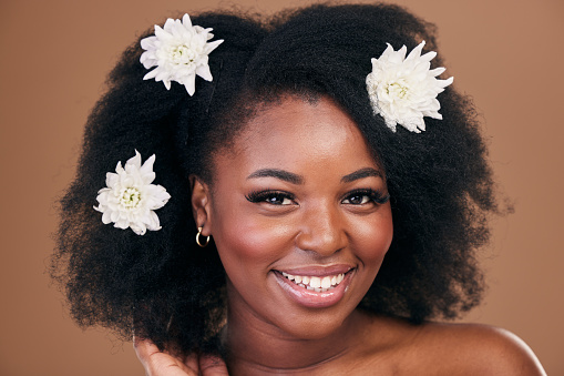 Afro, hair care or portrait of black woman with flowers, beauty or smile on a brown studio background. Hairstyle, floral or happy African model with shine and volume with aesthetic, wellness or glow