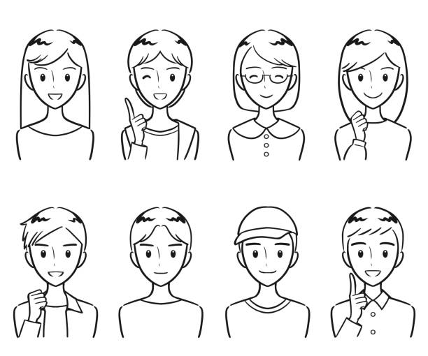 gimnazjaliści i licealiści w cywilnych ubraniach pozytywna ekspresja zestaw ikon (rysunek linii) - happy group stock illustrations