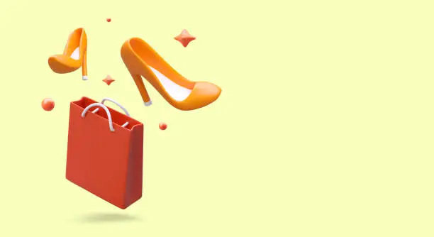 Vector illustration of Concept of shopping in shoe store. Floating 3D shoes, red paper bag with handles
