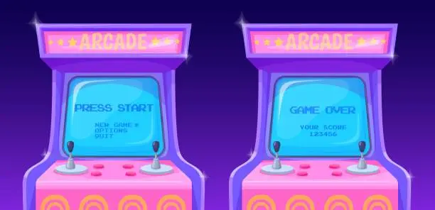 Vector illustration of Arcade machines screens. Retro computer monitor with start player video game screen, old gaming machine 90s 80s interface console 3d gamer pixel sign text, neat vector illustration