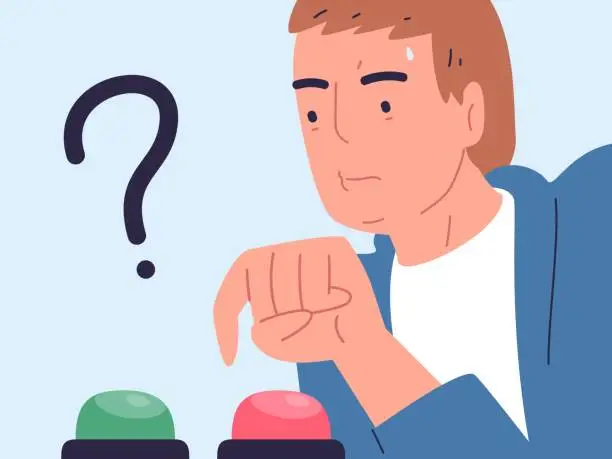 Vector illustration of Difficulty choosing. Concerned person select button push, choice between two options or 2 decisions, sceptic doubt people thinking dilemma question life control vector illustration