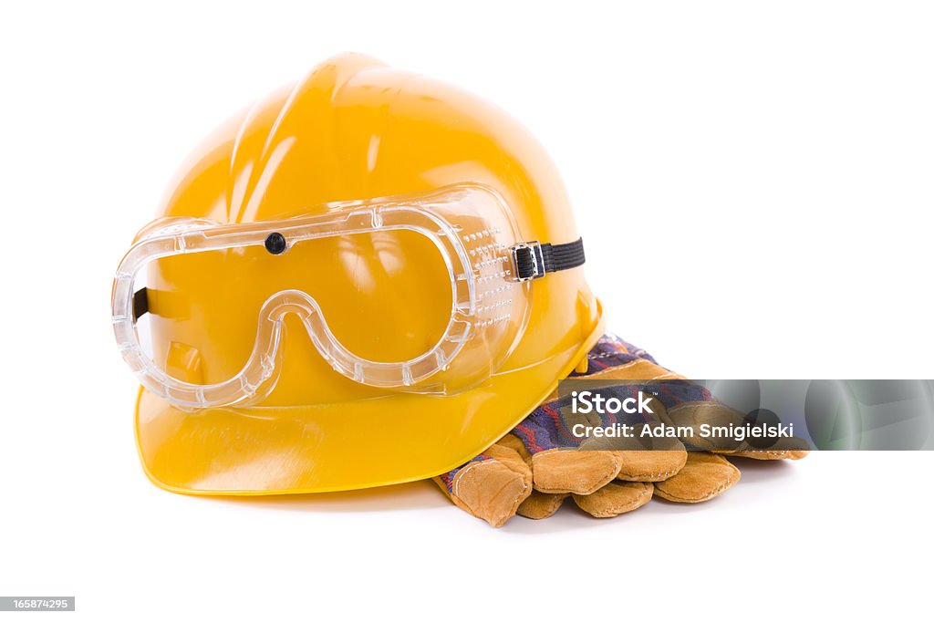 hard has construction hard hat with gloves and goggles Toughness Stock Photo