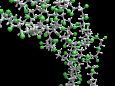 A ball and stick model of a strand of a molecule of polyvinyl chloride, more commonly known as PVC. This vinyl polymer is one of the commonest plastics in use.