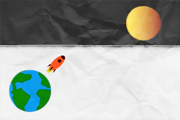Vector illustration of A space theme backdrop with a black torn paper sheet over white background, with a red space vehicle taking off at an angle from blue planet earth to glowing full moon