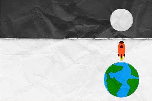 A space theme backdrop with a black torn paper sheet over white background, with a space vehicle launching from earth to full circular moon. There is no people, no text and ample copy space.