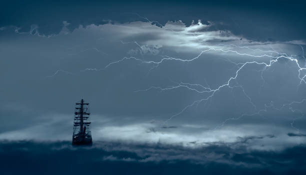 Flying old ship in the stormy clouds with thunder and lightning