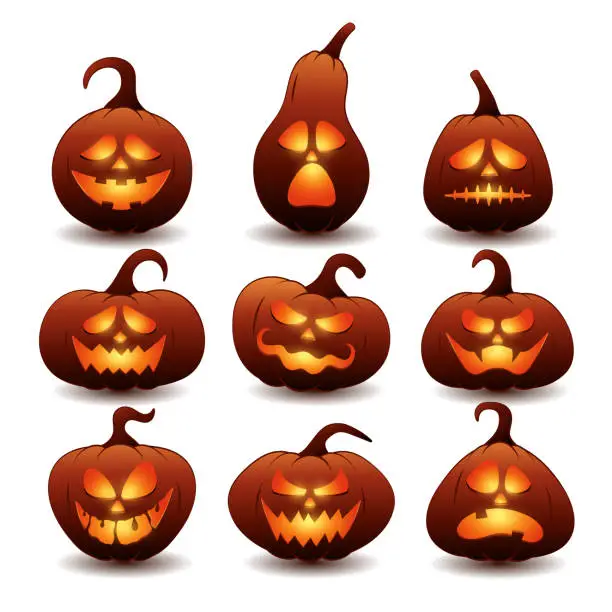 Vector illustration of Collection of halloween pumpkins. Orange pumpkin with glowing face. Jack-o'-lantern