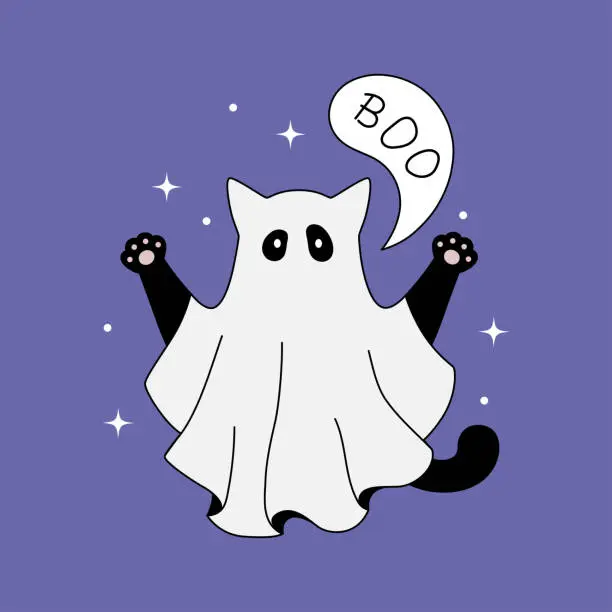 Vector illustration of Cute ghost cat halloween theme flat vector illustration.