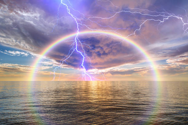 istock Calm sea before storm with amazing rainbow and lightning at sunset 1658754519