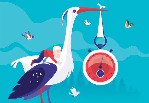 Vector illustration of senior man riding stork which carrying stopwatch