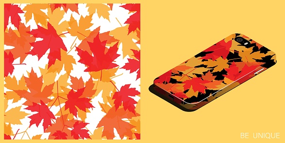 Modern smartphone in unique case decorated autumn maple dried herbarium leaves seamless pattern. Isometric top view. Vector ornament for design of posters and accessory