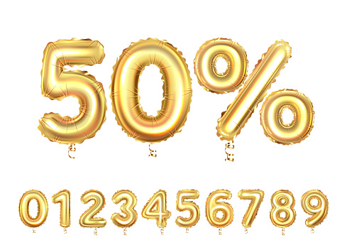 Set of gold foil balloon numbers and percentage sign, isolated on white background.