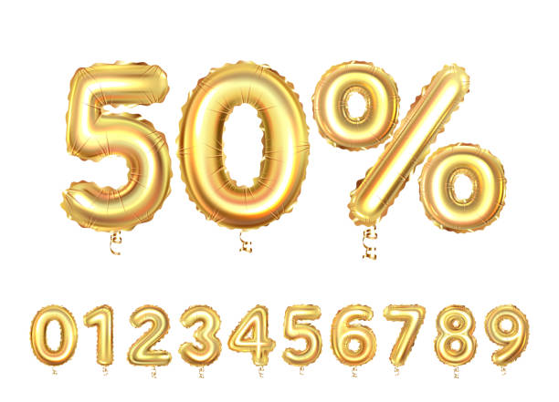 Set of gold foil balloon numbers and percentage sign, isolated on white background. Set of gold foil balloon numbers and percentage sign, isolated on white background. financial figures stock illustrations