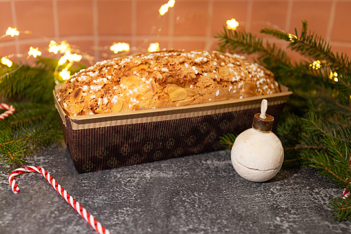 Christmas panettone cake. Delicious Christmas pastries. Delicious baked goods for Easter. Selective focus