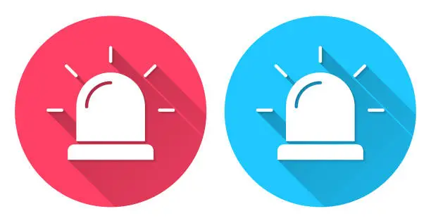 Vector illustration of Siren - Alarm light. Round icon with long shadow on red or blue background