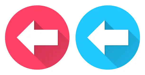 Vector illustration of Left arrow. Round icon with long shadow on red or blue background