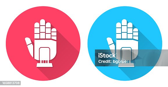 istock Robot hand. Round icon with long shadow on red or blue background 1658813708