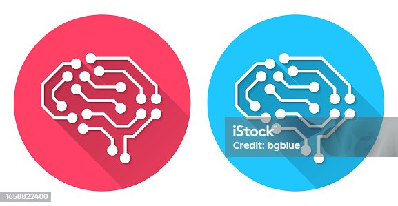 istock Artificial intelligence brain with circuit board. Round icon with long shadow on red or blue background 1658822400