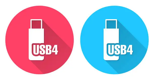 Vector illustration of USB4 flash drive. Round icon with long shadow on red or blue background