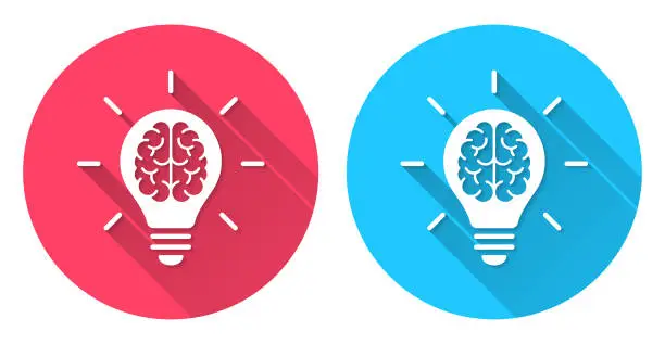 Vector illustration of Brain inside light bulb. Round icon with long shadow on red or blue background