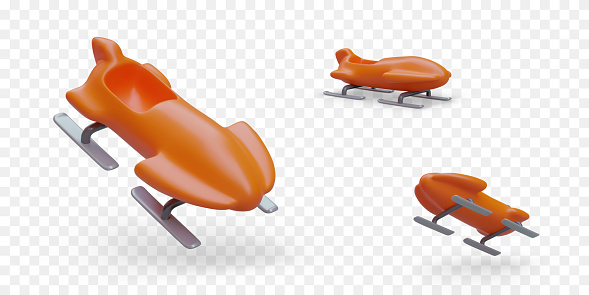 Realistic orange bobsled sled. Sports device for high speed winter sports. One seater sled for descent on ice covered track. Classic sport. Set of isolated images
