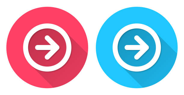 Right arrow button. Round icon with long shadow on red or blue background Icons of "Right arrow button" with long shadow style on colored circle buttons. Two icon versions included in the bundle: - One white icon on a pink / red circle button. - One white icon on a blue circle button. Vector Illustration (EPS file, well layered and grouped). Easy to edit, manipulate, resize or colorize. Vector and Jpeg file of different sizes. right arrow stock illustrations