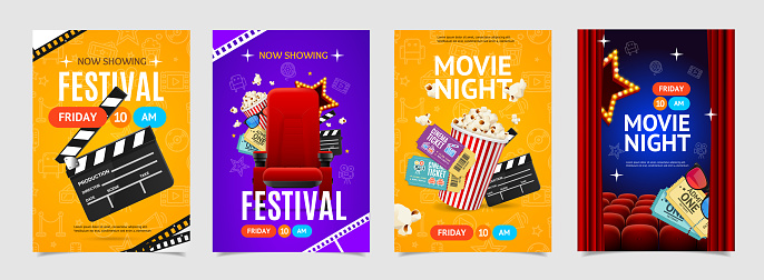 Cinema Festival and Movie Night Placard Poster Banner Card Template Set with Tickets, Clapper Board and Bucket of Popcorn. Vector illustration of Cinematography Event