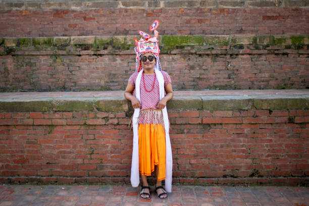 1st September 2023, Kirtipur, Kathmandu. A man dressed in a traditional costume performs a holy dance during the festival. People celebrate Gai Jatra or cow festival in memory of the departed souls.