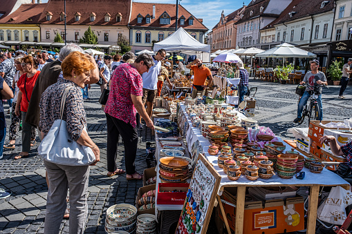 Sibiu City, Romania - 03 September 2023. Traditional Romanian handmade ceramics market at the potters fair from Sibiu, Romania
