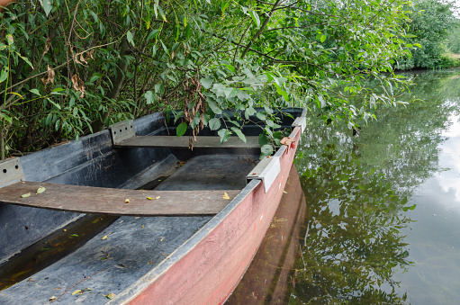 Empty boat on the shore of the lake in the bushes. High quality photo