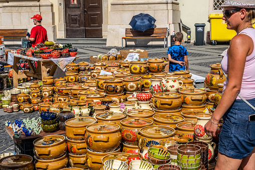 Sibiu City, Romania - 03 September 2023. Traditional Romanian handmade ceramics market at the potters fair from Sibiu, Romania