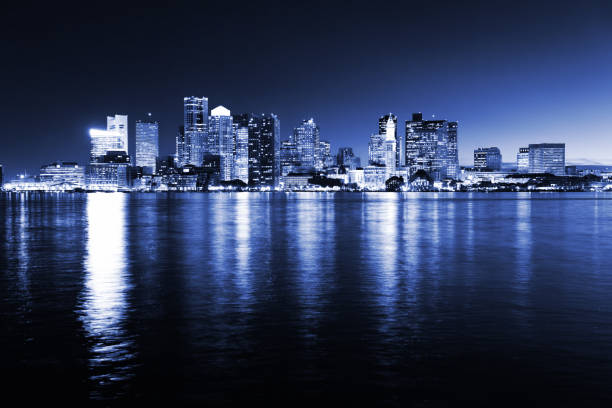 istock Illuminated Boston City Night in Monochromatic Blue 165885694